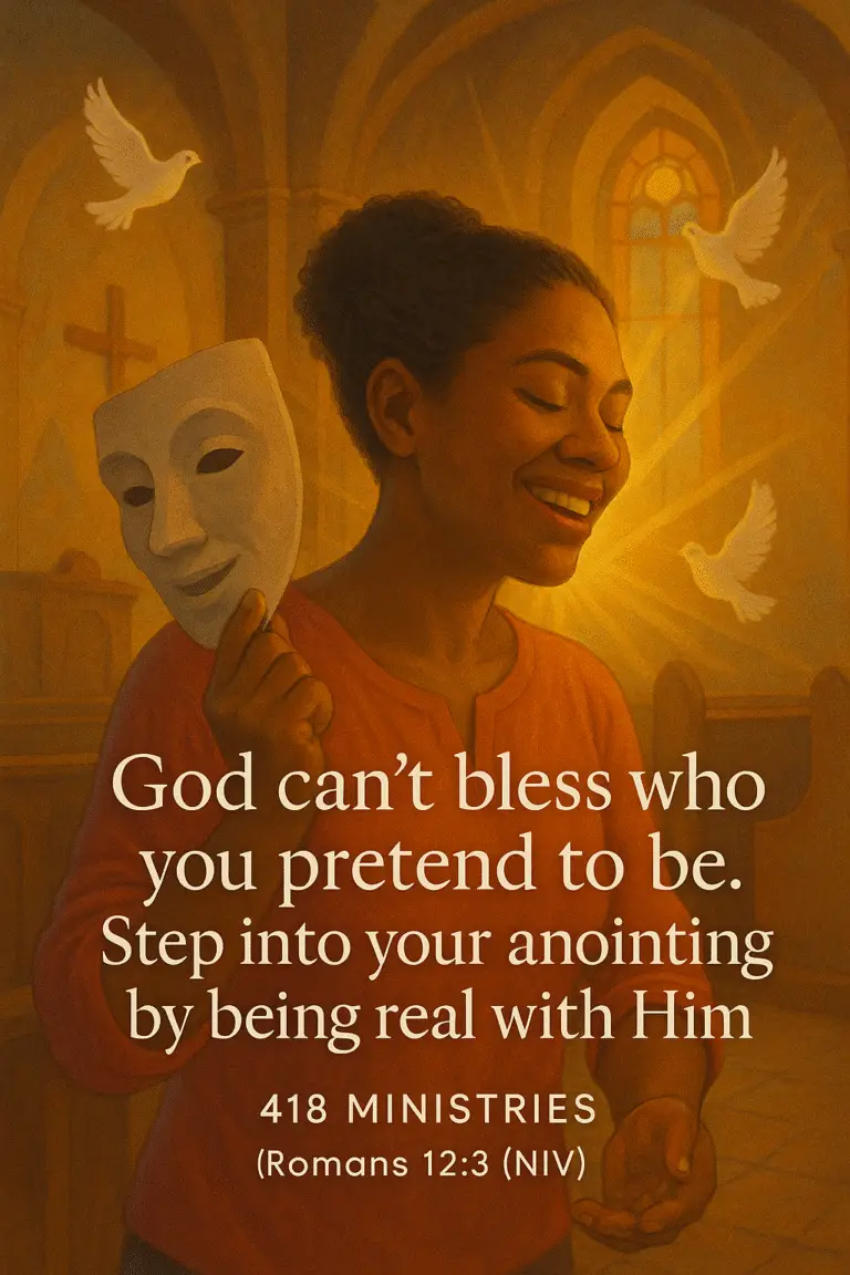 A joyful woman removing a mask inside a glowing church, with doves and a cross in the background—symbolizing spiritual authenticity and freedom.