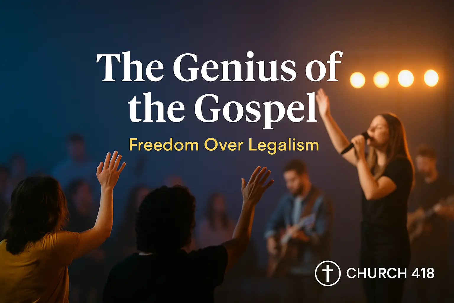 Diverse congregation worshipping at Church 418 with hands raised, symbolizing the genius of the gospel and Spirit-led freedom over legalism