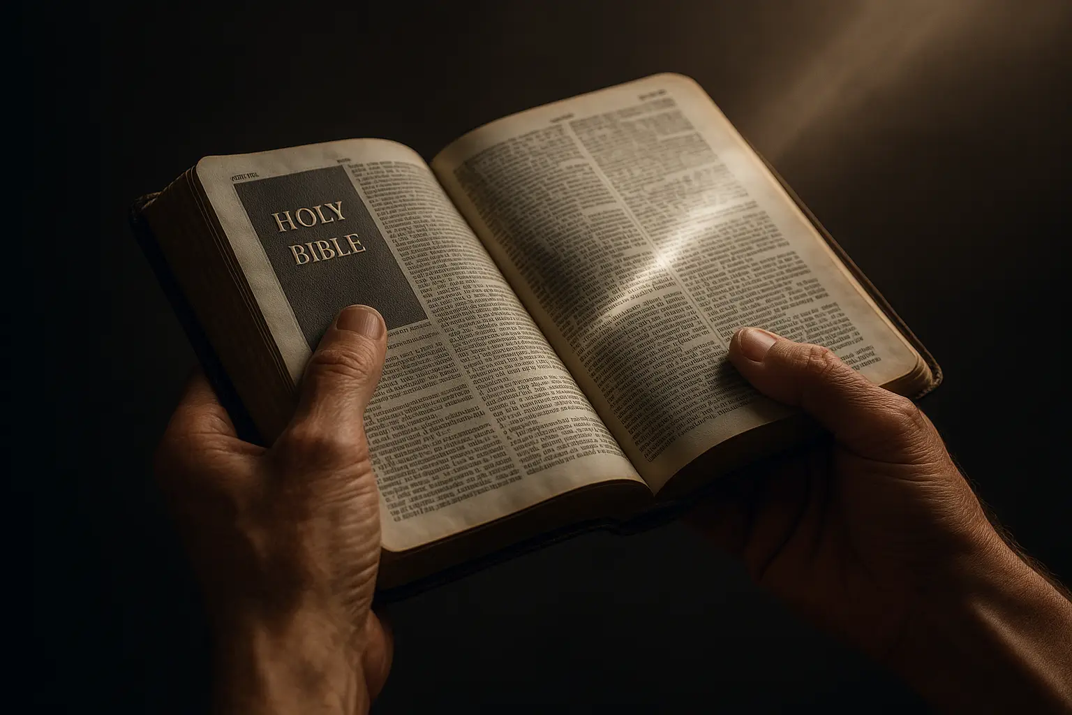 Hands holding a Bible with light across the page, symbolizing perseverance and faith.